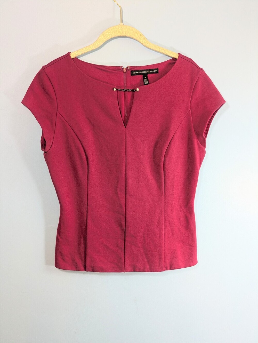 WHBM Burgundy Fitted Ponte Knit Notch Neck Top